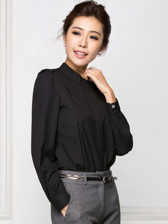 秋冬黑色長袖襯衫修身OL風格氣質女士襯衣